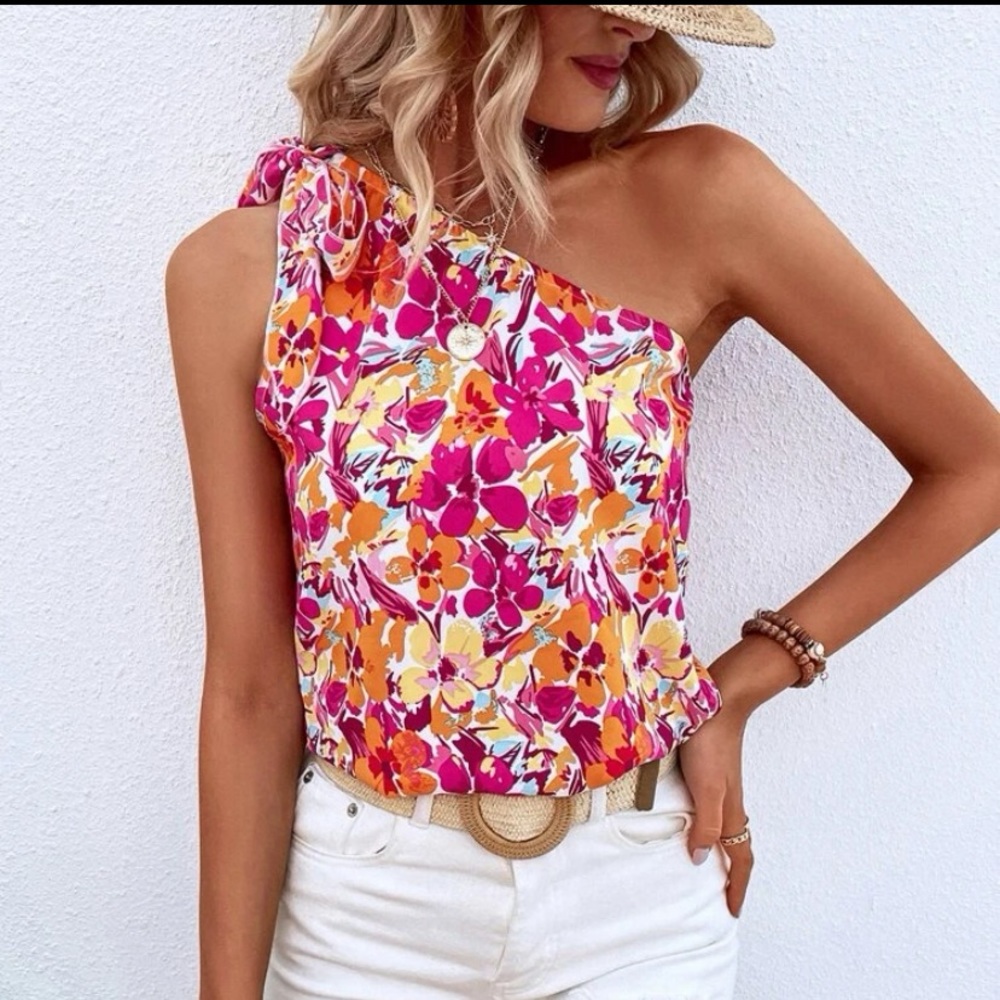 SHEIN Allover Floral Print Knot One Shoulder Blouse Pink